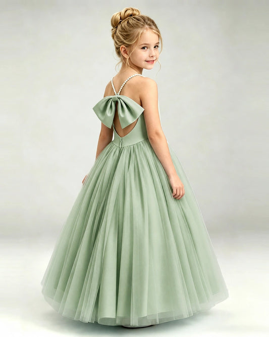 Sage Green Tulle A-line Girls Formal Dress Back View