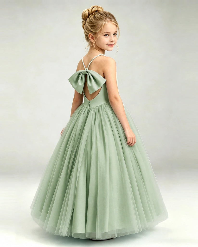 Sage Green Tulle A-line Girls Formal Dress Back View