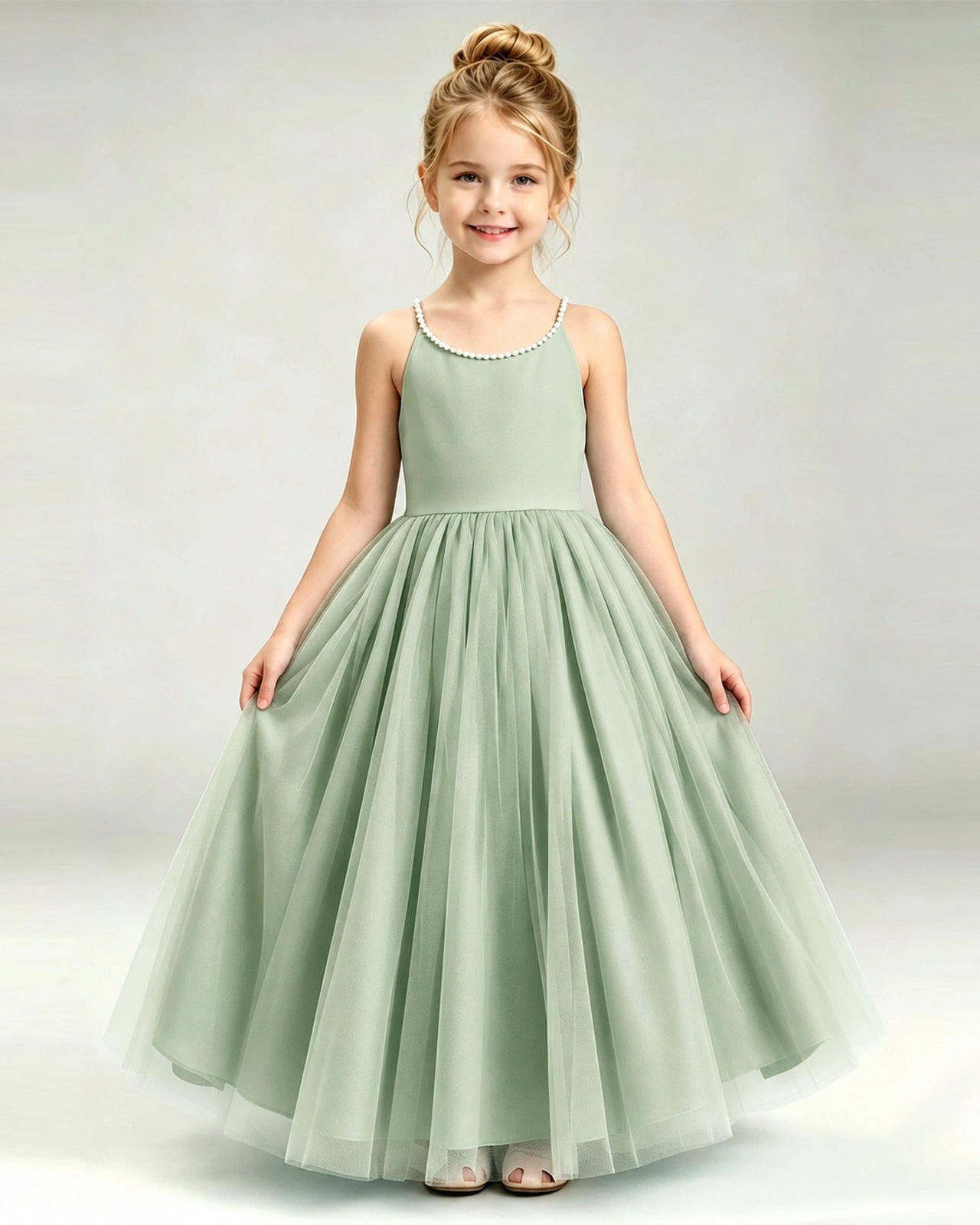 Sage Green Flower Girl Dress Pearl Strap Open Back Satin Bow Tulle Princess Gown Front Full View
