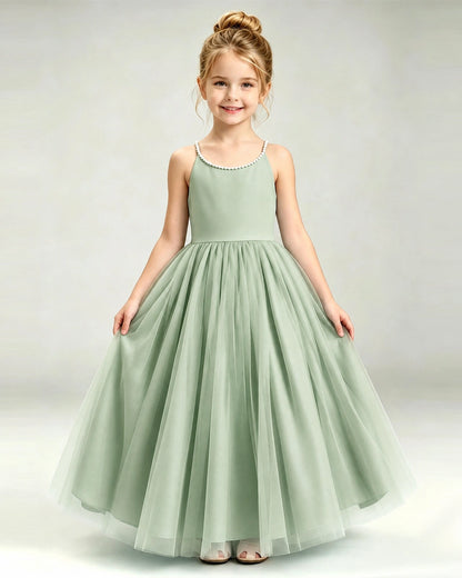 Sage Green Flower Girl Dress Pearl Strap Open Back Satin Bow Tulle Princess Gown Front Full View