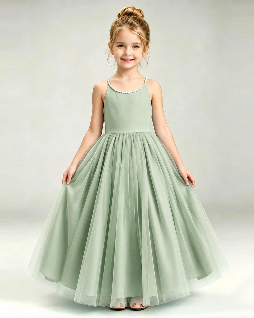 Sage Green Tulle A-line Girls Formal Dress Front View