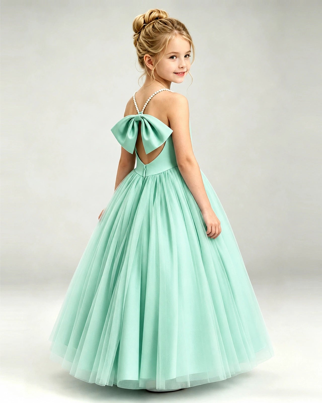 Turquoise Flower Girl Dress Pearl Strap Open Back Satin Bow Tulle Princess Gown Back Full View