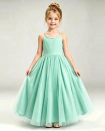 Turquoise Flower Girl Dress Pearl Strap Open Back Satin Bow Tulle Princess Gown Front Full View