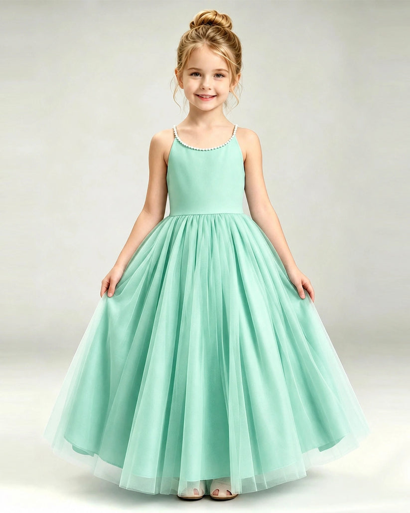 Turquoise Tulle A-line Girls Formal Dress Front View