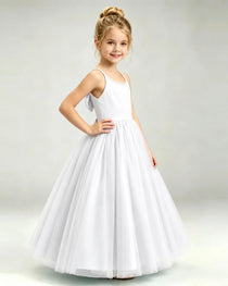White Flower Girl Dress Pearl Strap Open Back Satin Bow Tulle Princess Gown Side Full View