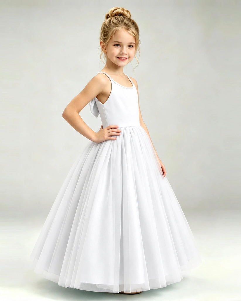 White Tulle A-line Girls Formal Dress Side View