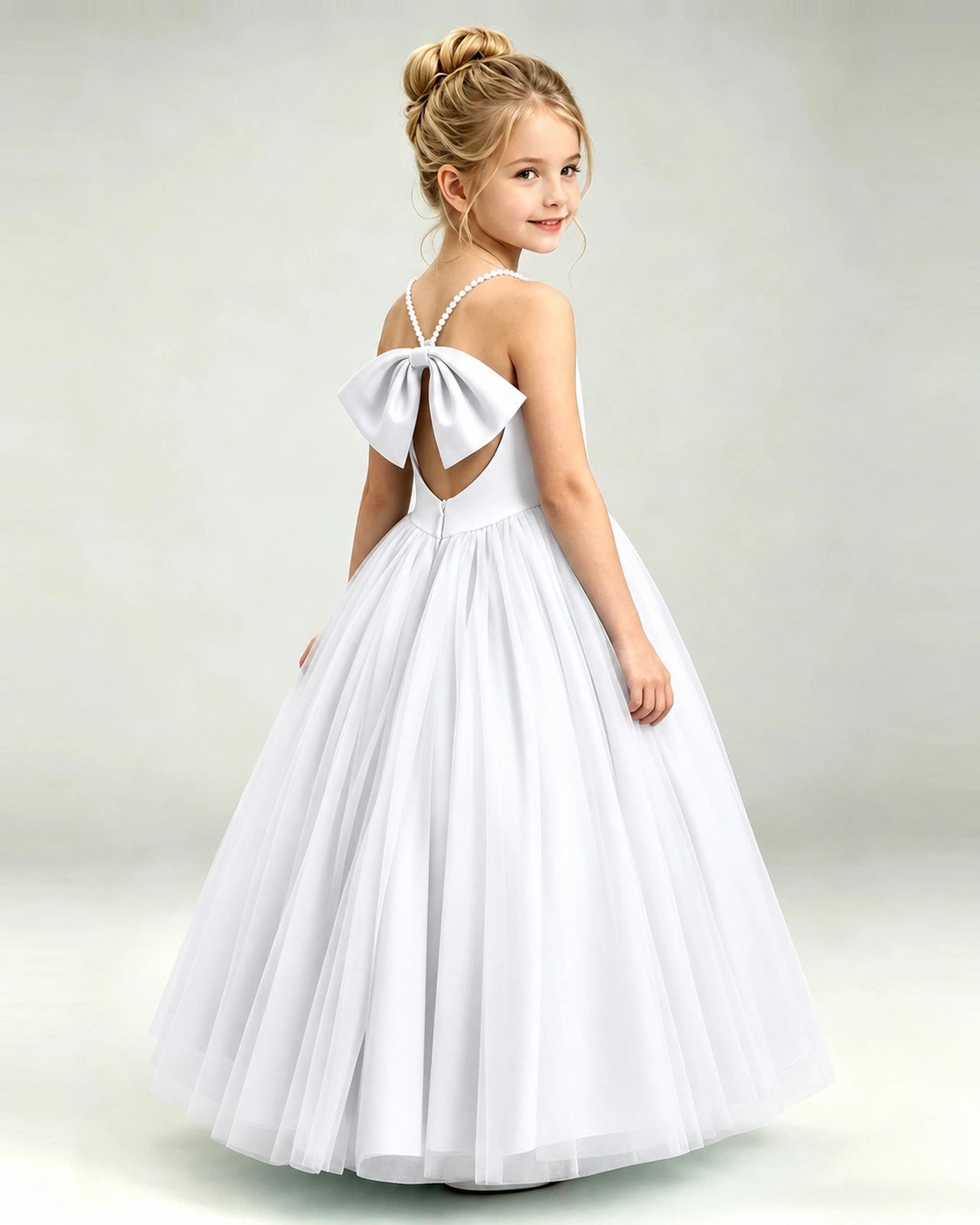 White Flower Girl Dress Pearl Strap Open Back Satin Bow Tulle Princess Gown Back Full View