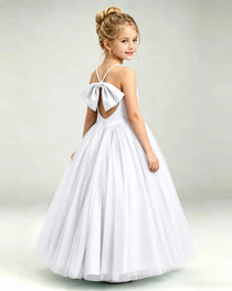 White Flower Girl Dress Pearl Strap Open Back Satin Bow Tulle Princess Gown Back Full View