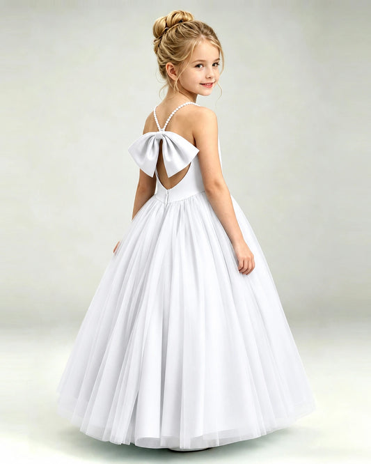 White Tulle A-line Girls Formal Dress Back View