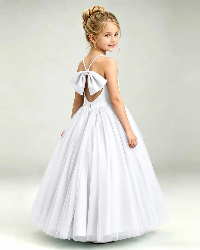 White Tulle A-line Girls Formal Dress Back View