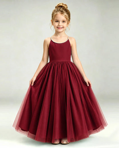 Windred Flower Girl Dress Pearl Strap Open Back Satin Bow Tulle Princess Gown Front Full View