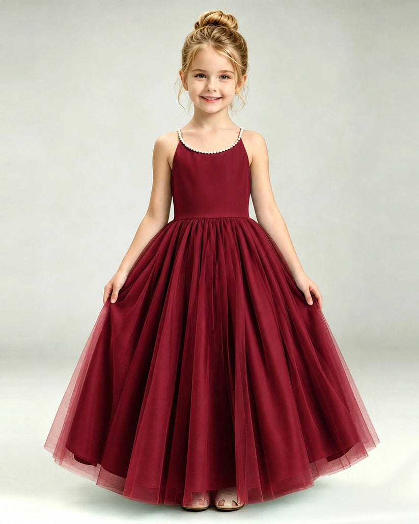 Wine Red Tulle A-line Girls Formal Dress Front View
