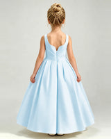 Baby Blue Satin A-line Girls Formal Dress Back View