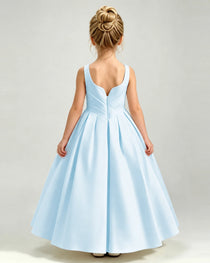 Baby Blue Satin Flower Girl Dress Sleeveless Pleated Floor-Length Ball Gown Back View