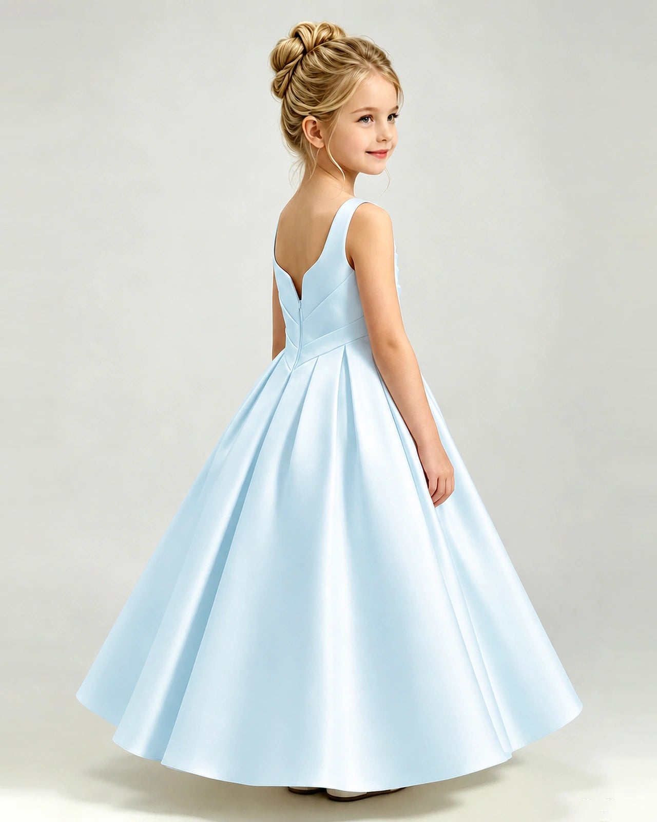 Baby Blue Satin Flower Girl Dress Sleeveless Pleated Floor-Length Ball Gown Side View