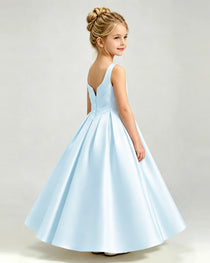 Baby Blue Satin Flower Girl Dress Sleeveless Pleated Floor-Length Ball Gown Side View