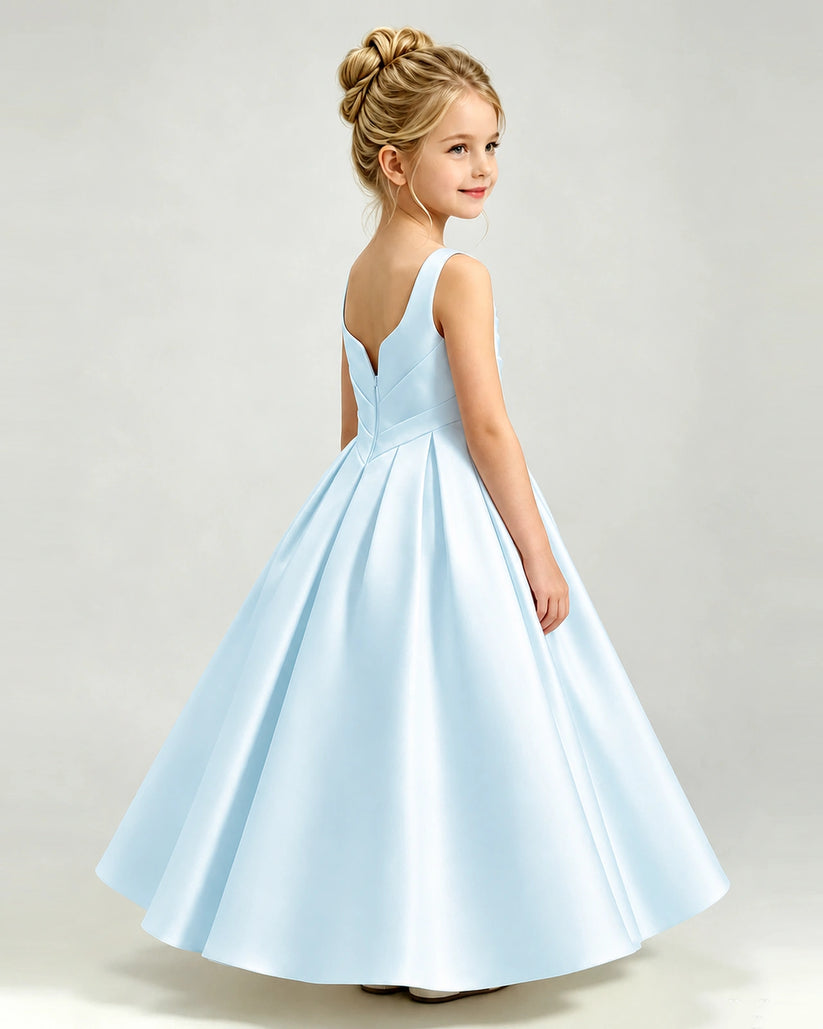 Baby Blue Satin A-line Girls Formal Dress Side View