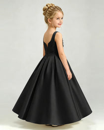 Black Satin Flower Girl Dress Sleeveless Pleated Floor-Length Ball Gown Side View