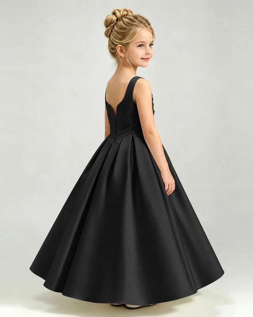 Black Satin A-line Girls Formal Dress Side View
