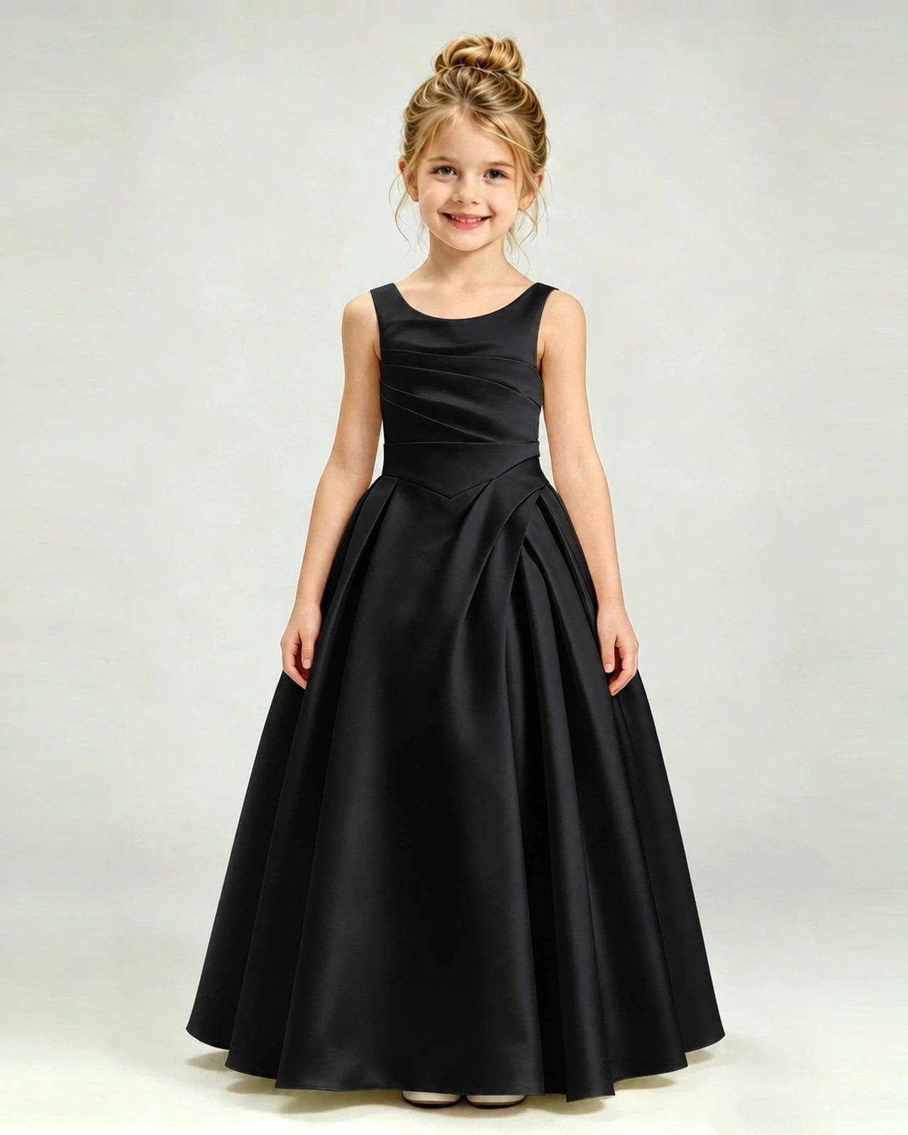 Black Satin Flower Girl Dress Sleeveless Pleated Floor-Length Ball Gown Front View