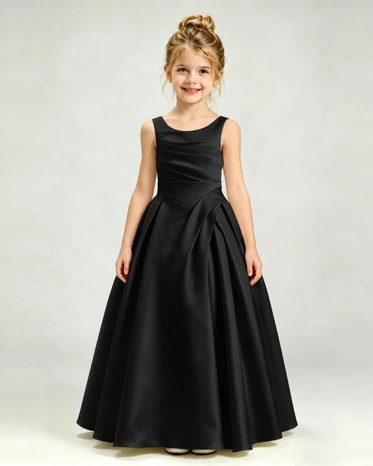 Black Satin A-line Girls Formal Dress Front View