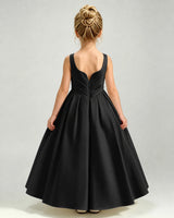 Black Satin A-line Girls Formal Dress Back View