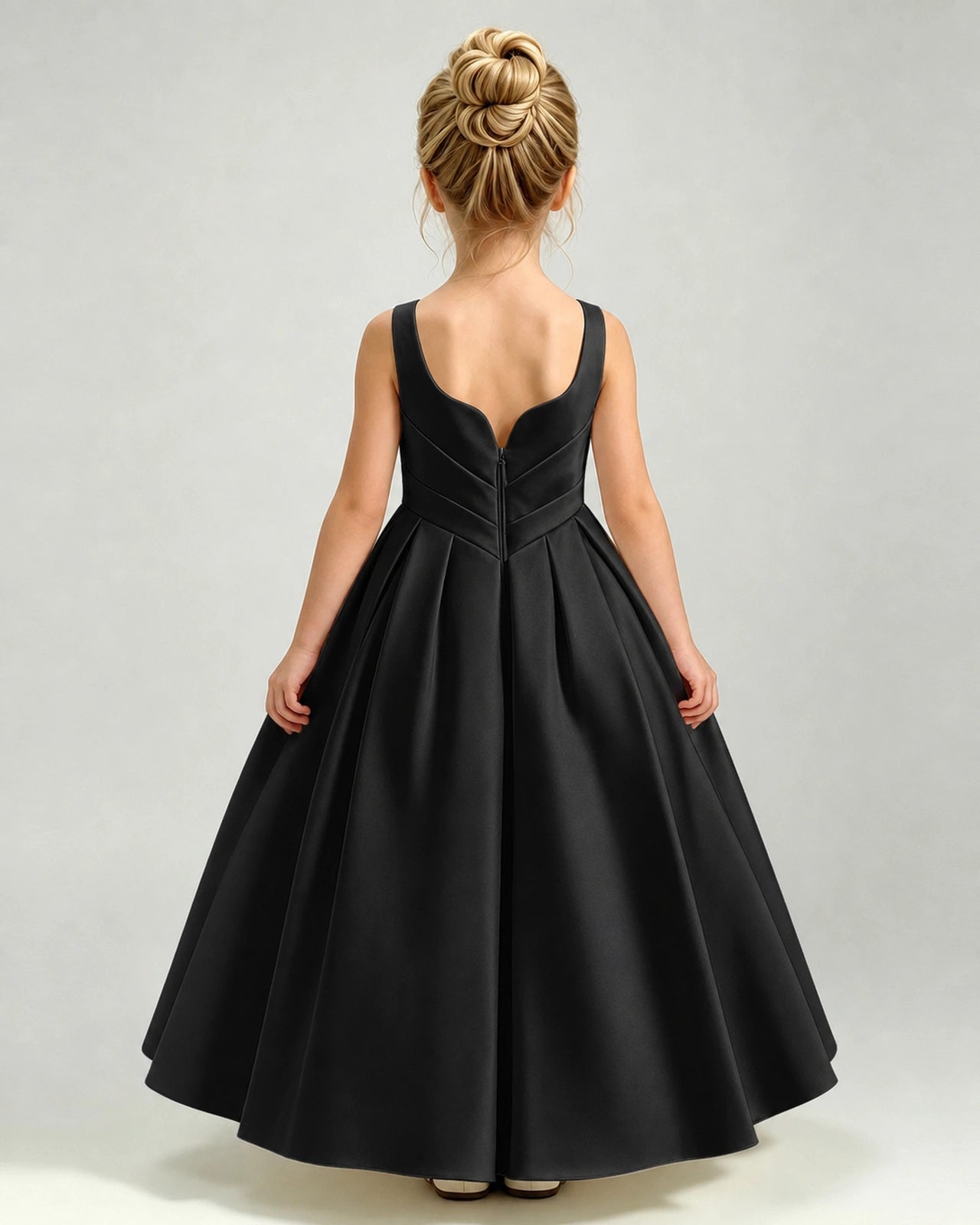 Black Satin Flower Girl Dress Sleeveless Pleated Floor-Length Ball Gown Back View