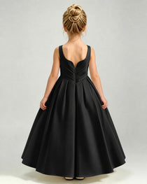 Black Satin Flower Girl Dress Sleeveless Pleated Floor-Length Ball Gown Back View