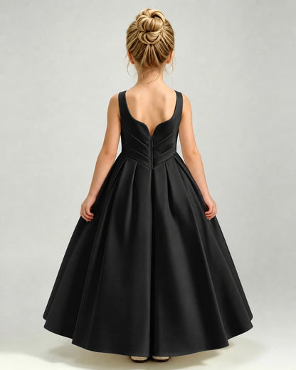 Black Satin Flower Girl Dress Sleeveless Pleated Floor-Length Ball Gown Back View
