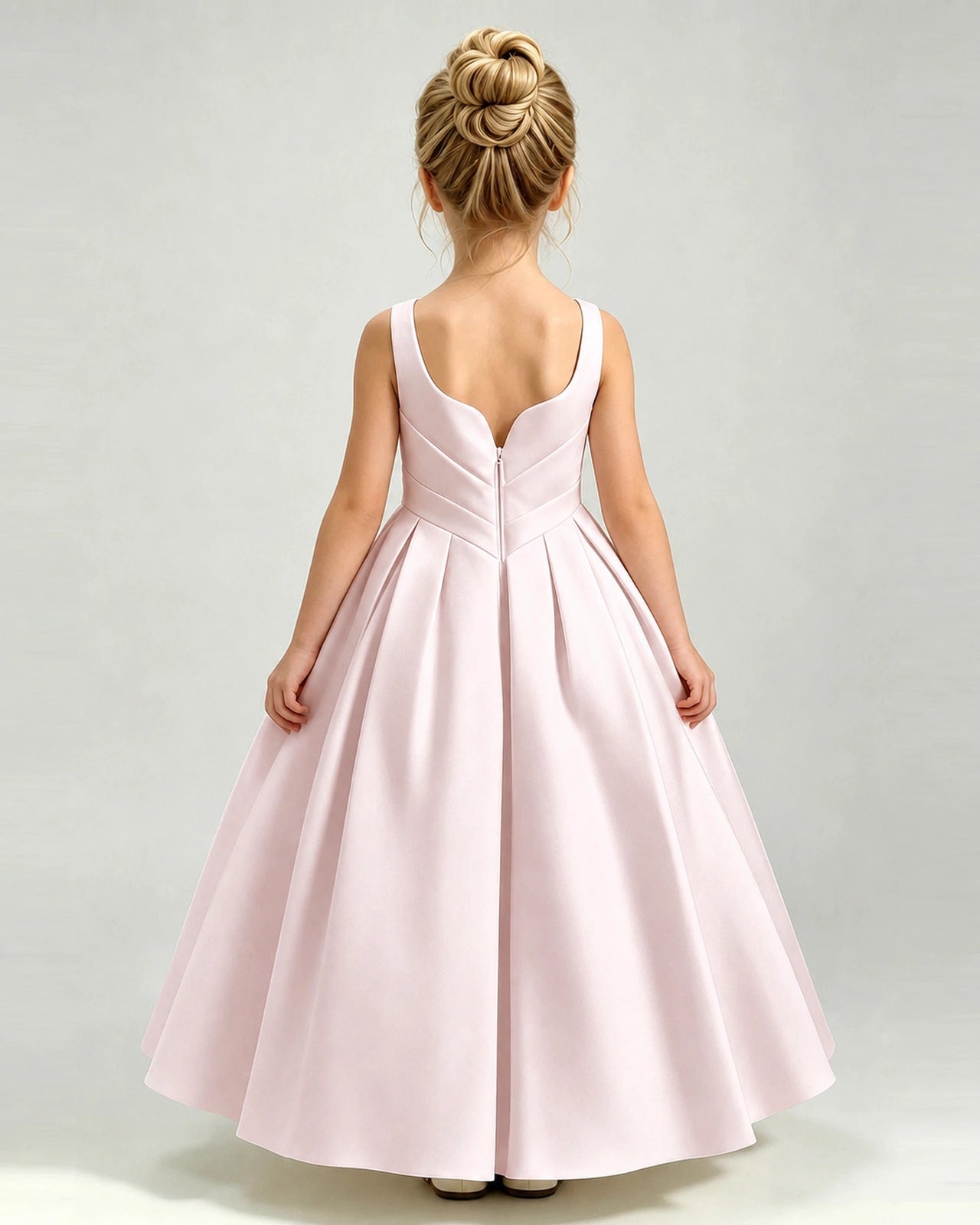Blush Pink Satin Flower Girl Dress Sleeveless Pleated Floor-Length Ball Gown Back View