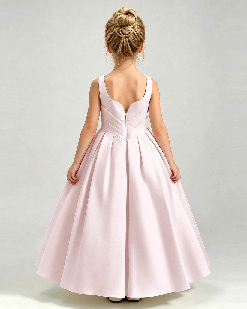 Blush Pink Satin A-line Girls Formal Dress Back View