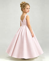 Blush Pink Satin A-line Girls Formal Dress Back View