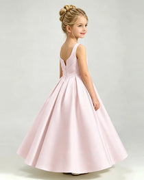 Blush Pink Satin Flower Girl Dress Sleeveless Pleated Floor-Length Ball Gown Side View