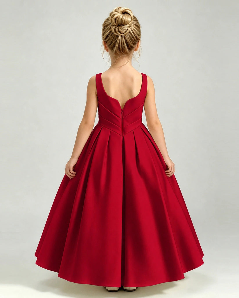 Burgundy Satin A-line Girls Formal Dress Back View