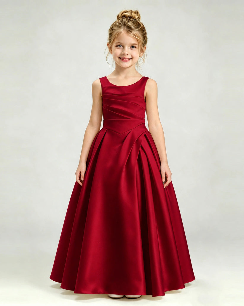 Burgundy Satin A-line Girls Formal Dress Front View