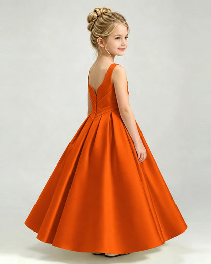 Burnt Orange Satin Flower Girl Dress Sleeveless Pleated Floor-Length Ball Gown Side View