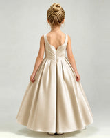 Champagne Satin A-line Girls Formal Dress Back View