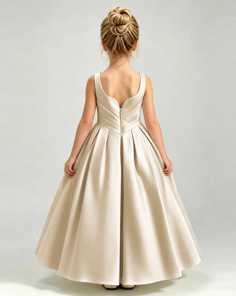 Champagne Satin A-line Girls Formal Dress Back View