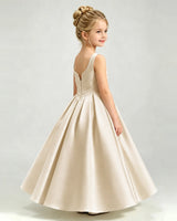 Champagne Satin A-line Girls Formal Dress Side View