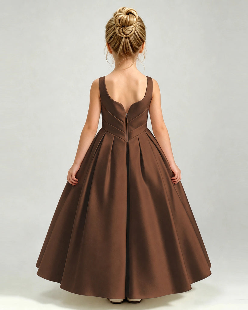 Chocolate Satin A-line Girls Formal Dress Back View