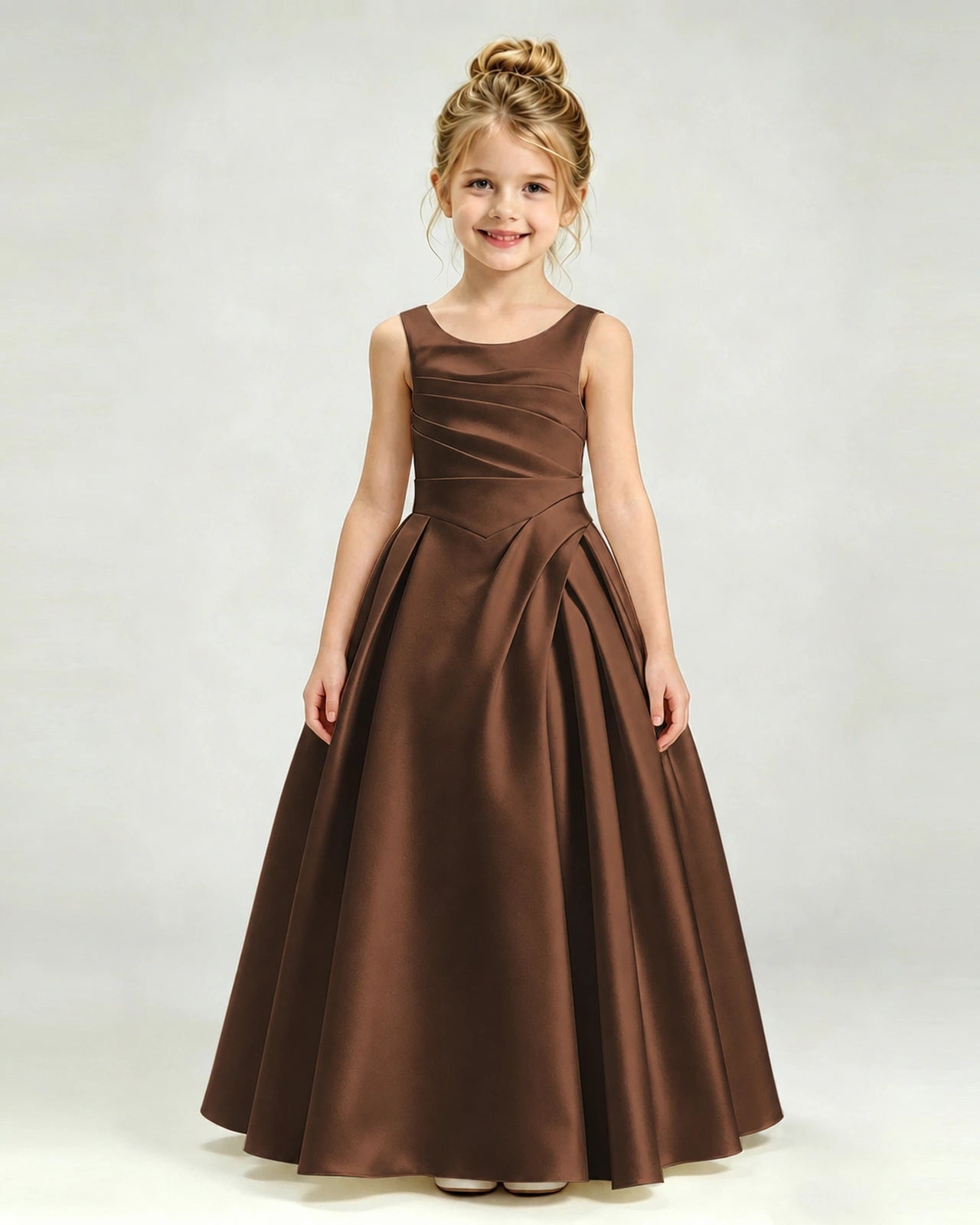 Chocolate Satin Flower Girl Dress Sleeveless Pleated Floor-Length Ball Gown Front View