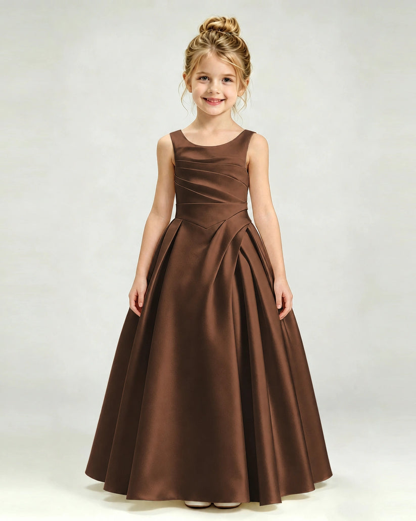 Chocolate Satin A-line Girls Formal Dress Front View