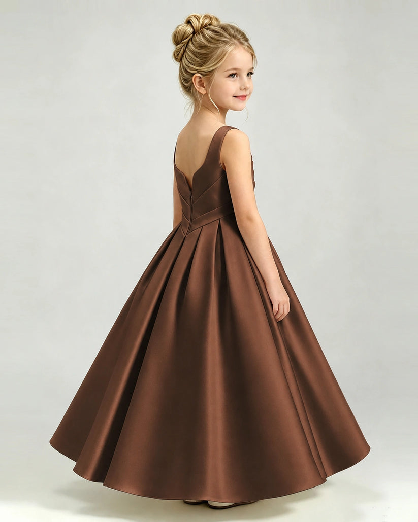 Chocolate Satin A-line Girls Formal Dress Side View
