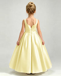 Daffodil Satin Flower Girl Dress Sleeveless Pleated Floor-Length Ball Gown Back View