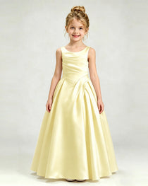 Daffodil Satin Flower Girl Dress Sleeveless Pleated Floor-Length Ball Gown Front View