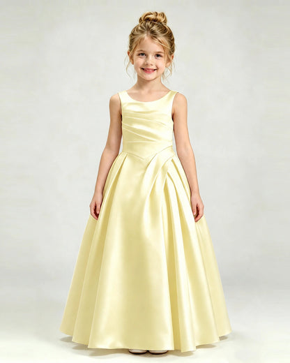 Daffodil Satin Flower Girl Dress Sleeveless Pleated Floor-Length Ball Gown Front View