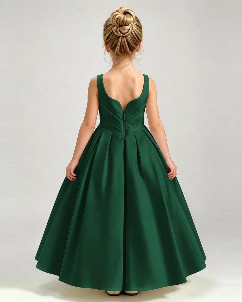 Dark Green Satin A-line Girls Formal Dress Back View