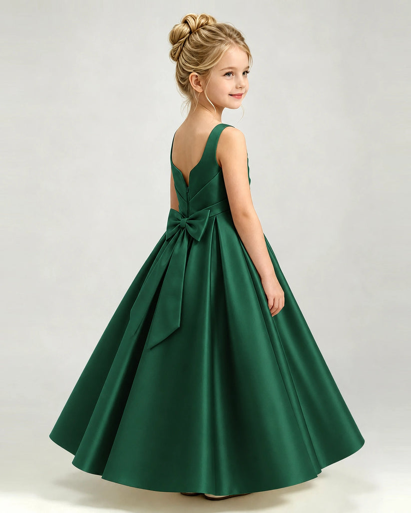 Dark Green Satin A-line Girls Formal Dress Back View