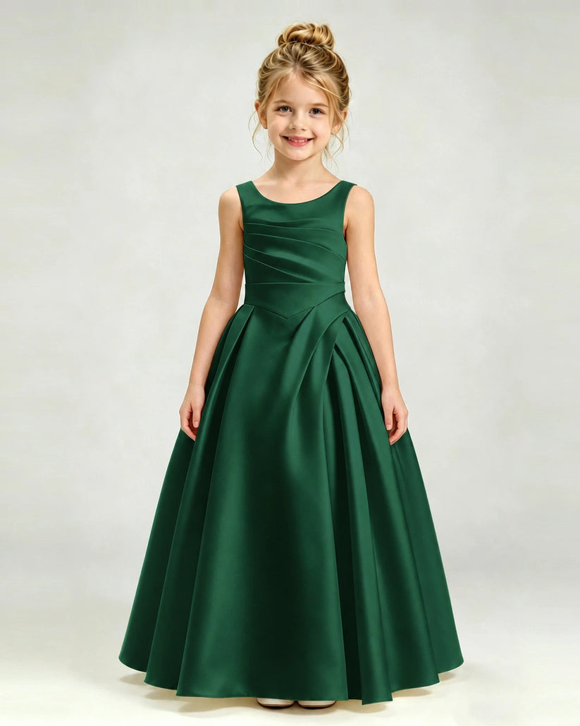 Dark Green Satin A-line Girls Formal Dress Front View