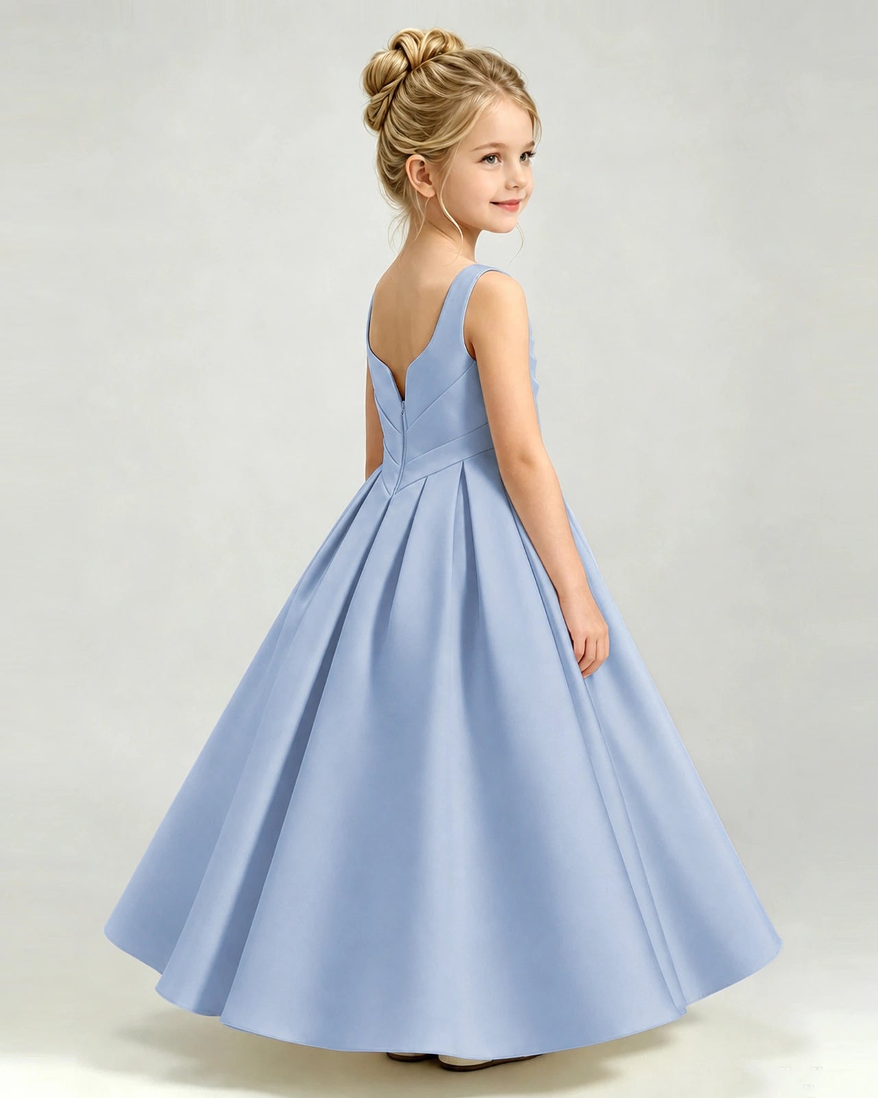 Dusty Blue Satin Flower Girl Dress Sleeveless Pleated Floor-Length Ball Gown Side View